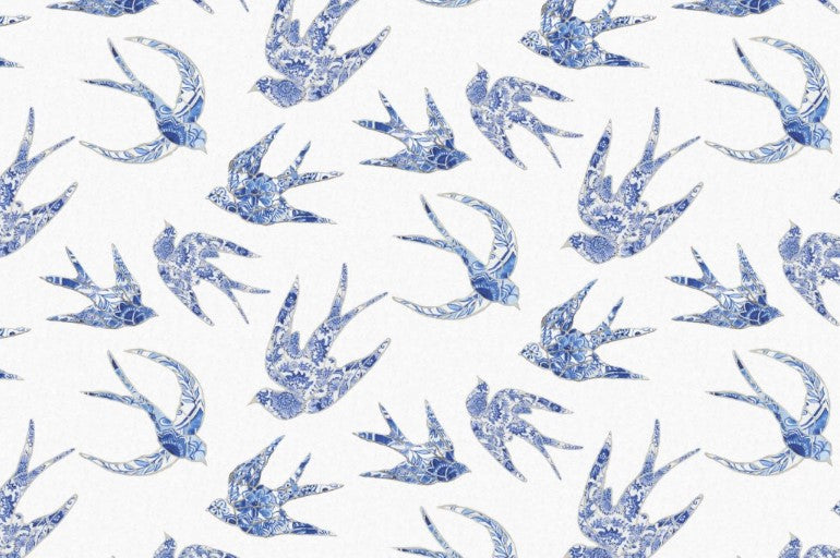 Chinoiserie Swallow Bird Blue White Decoupage Tissue Paper