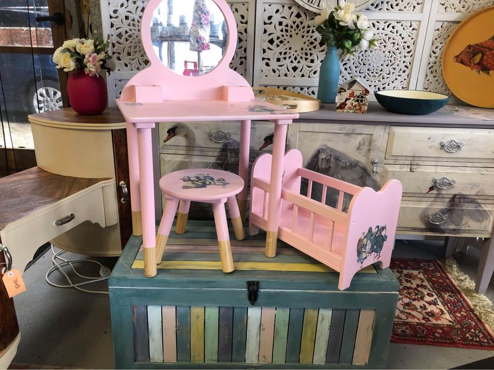 Childs dressing table and chair plus doll cot