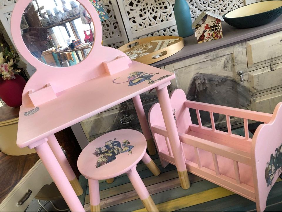 Childs dressing table and chair plus doll cot