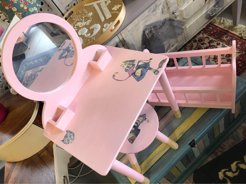 Childs dressing table and chair plus doll cot