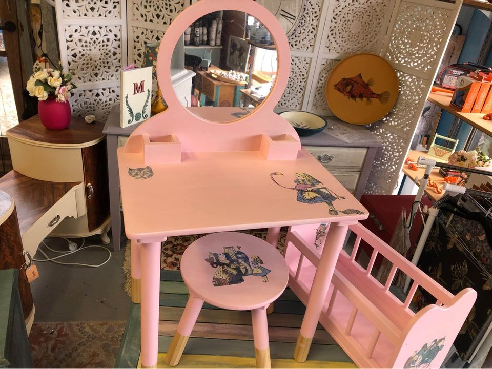 Childs dressing table and chair plus doll cot