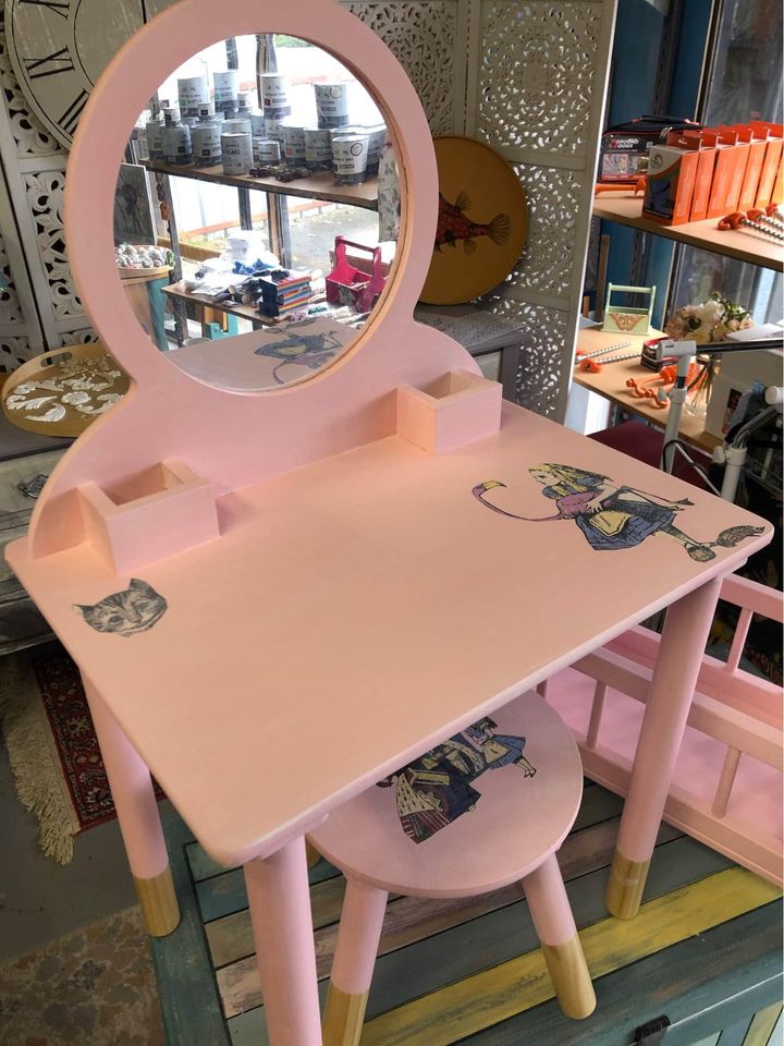 Childs dressing table and chair plus doll cot